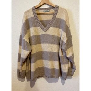 AllSaints Lou V-Neck Sweater Size M Tan Grey Striped Italy Preppy Oversized